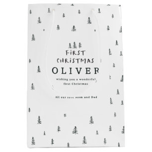 modern minimal black and white first Christmas  Medium Gift Bag