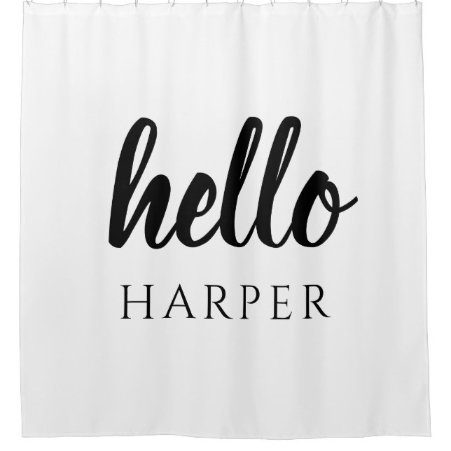 Modern Minimal Black And White Hello And You Name Shower Curtain (Front)