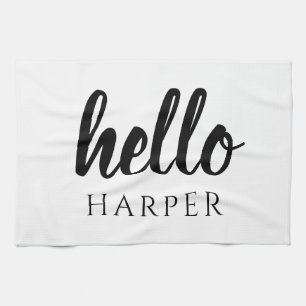 Modern Minimal Black And White Hello And You Name Tea Towel