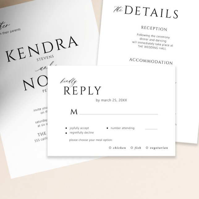 Modern minimal black and white meal choice wedding RSVP card (The invitation and the details enclosure card can be purchased separately )