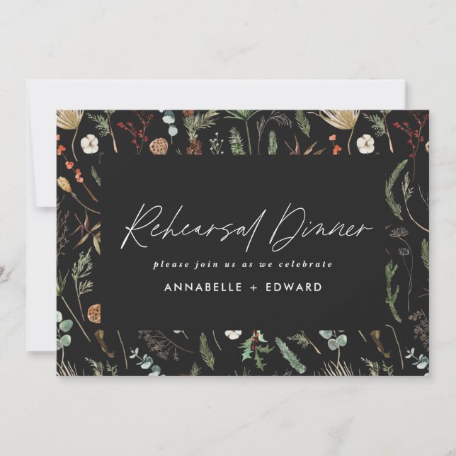 Modern Minimal black botanical Rehearsal Dinner Invitation (Front)