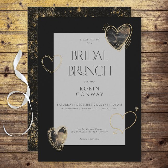 Modern Minimal Black & Gold Hearts Bridal Brunch Invitation (Modern Minimal Black & Gold Hearts Bridal Brunch Invitation)