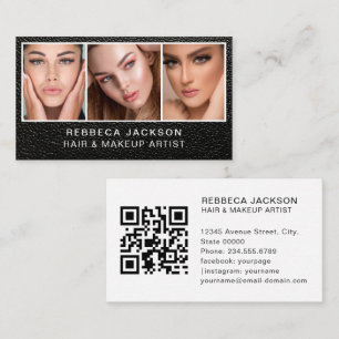 Modern minimal black leather makeup and hair  business card