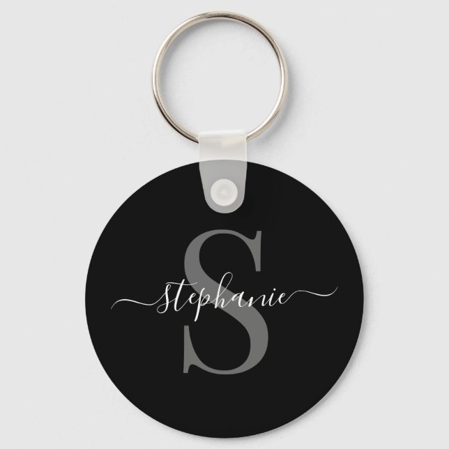 Modern Minimal Black Monogram Initial  First Namw Key Ring (Front)