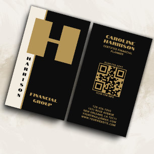 Modern Minimal Black Monogram Vertical QR code Business Card