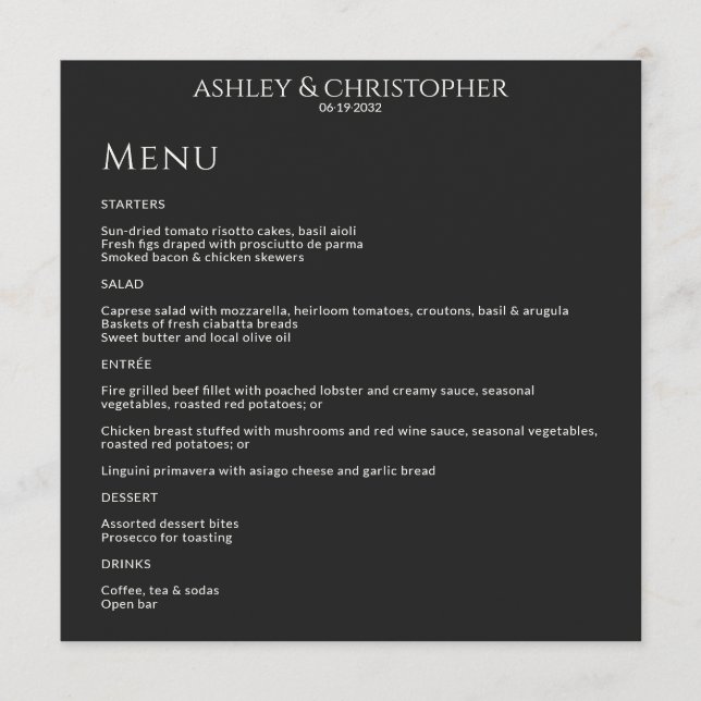 Modern Minimal Black Noir Wedding Reception Menu (Front)
