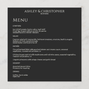 Modern Minimal Black Noir Wedding Reception Menu