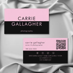 Modern Minimal Black Pink Geometric Monogram QR Business Card