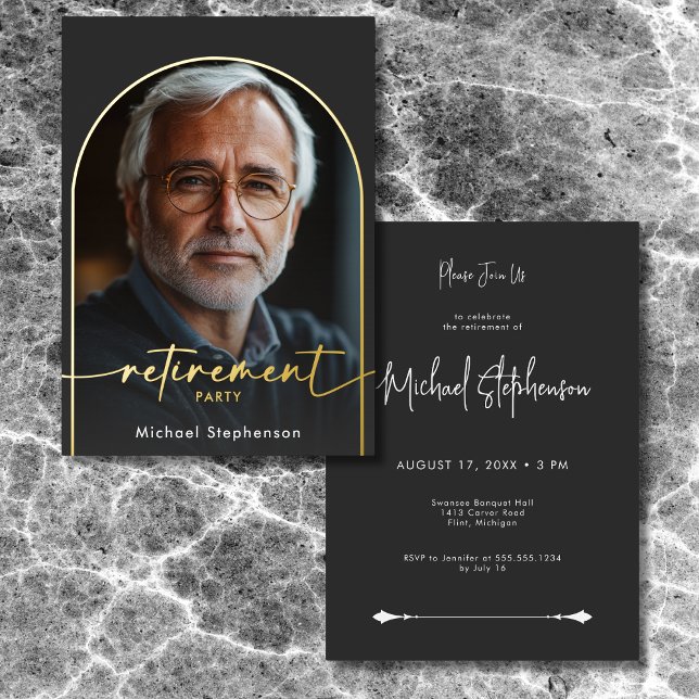 Modern Minimal Black Retirement Party (Modern Minimal Black Foil Retirement Party Foil Invitation)