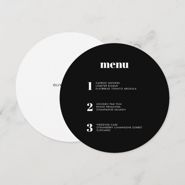 Modern Minimal Black Round Circle Wedding Menu (Front/Back)