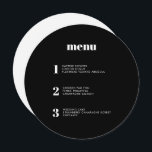 Modern Minimal Black Round Circle Wedding Menu<br><div class="desc">This contemporary wedding menu design features the courses of your wedding meal in simple fonts and a sleek and clean design. This solid black circle menu card certainly stands out from the crowd. Modern typography and menu design for a modern wedding. All elements are customisable - text, background and colours....</div>