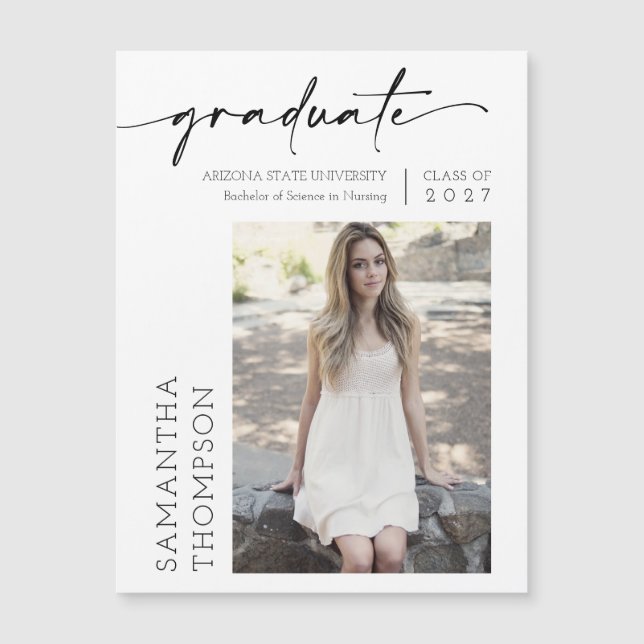 Modern Minimal Black Script Photo Graduate Magnet (Front)