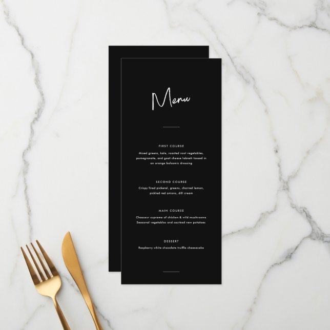 Modern Minimal Black Script Wedding Menu (Front/Back In Situ)