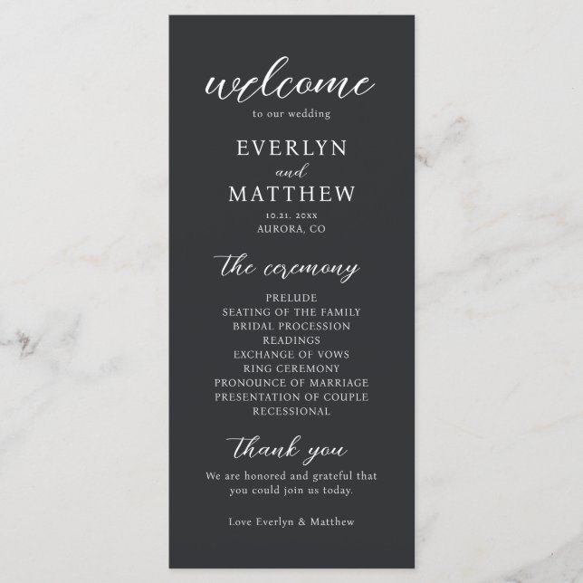 Modern Minimal Black Tie Wedding Ceremony Program (Front)