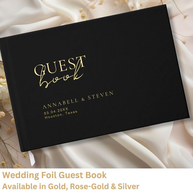 Modern, Minimal, Black, Wedding Guest Book (Modern, Minimal, Black, Wedding Foil Guest Book personalized with your names and date.)
