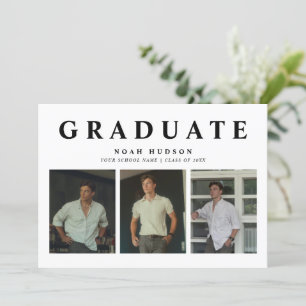 Modern Minimal Black & White 3 Photo Graduation Invitation