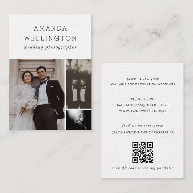Modern Minimal Black White 3 Photo Vertical Business Card (Front/Back)