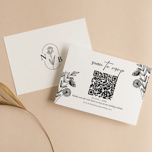 Modern Minimal Black White Floral Wedding QR Code RSVP Card (Creator Uploaded)