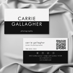 Modern Minimal Black White Geometric Monogram QR Business Card