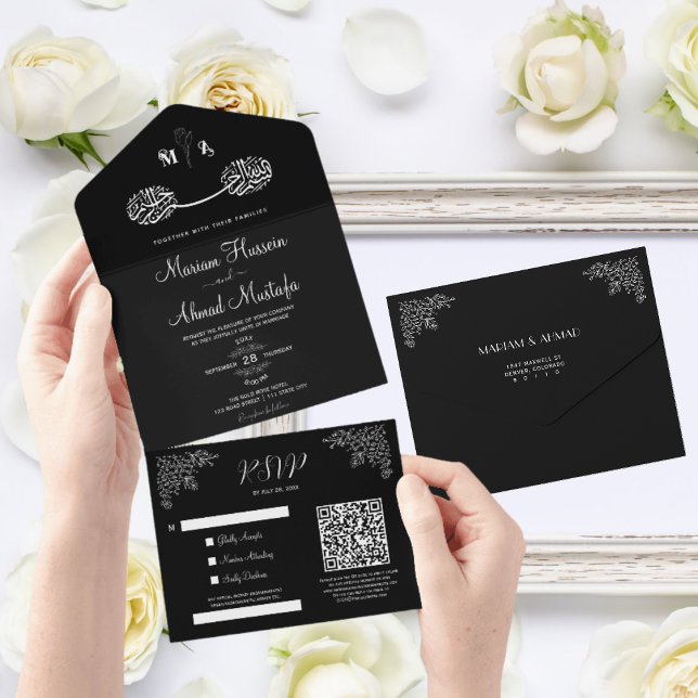 Modern Minimal Black & White Islamic Floral Nikah All In One Invitation (All in One Modern Islamic Wedding Invitation)