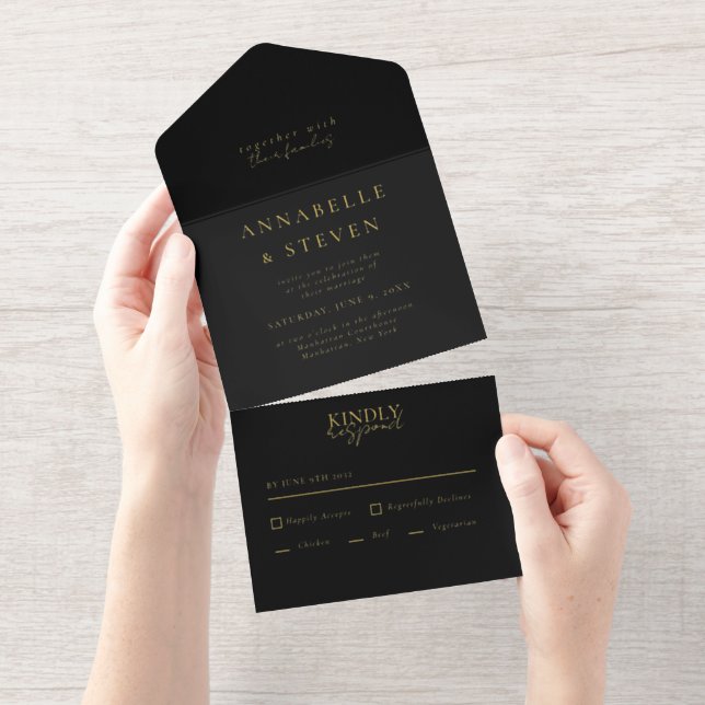 Modern Minimal  Black White Wedding Foil All In One Invitation (Tearaway)
