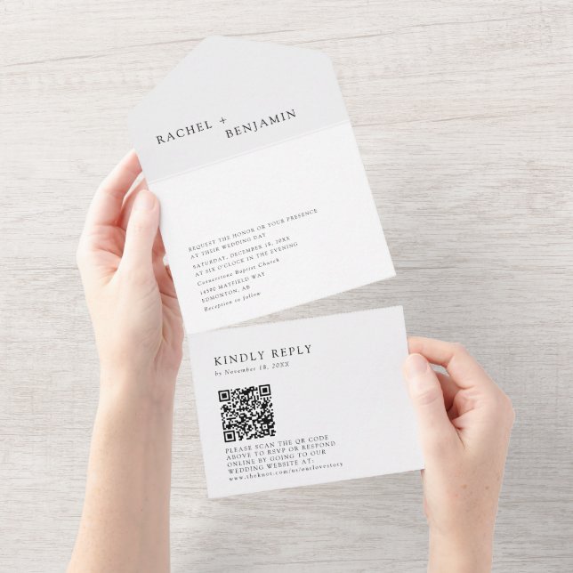 Modern Minimal Black White Wedding QR Code Elegant All In One Invitation (Tearaway)