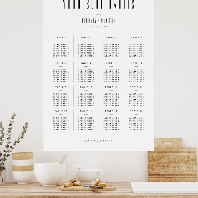 Modern Minimal Black & White Wedding Seating Poster (Kitchen)
