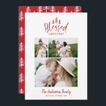 Modern minimal blessed Christmas rustic 3 photo Holiday Card<br><div class="desc">Modern minimal blessed Christmas rustic stylish photo holiday card. With modern hand drawn text and trees. Backer colour can be customised.</div>