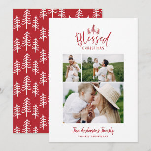 Modern minimal blessed Christmas rustic 3 photo Holiday Card