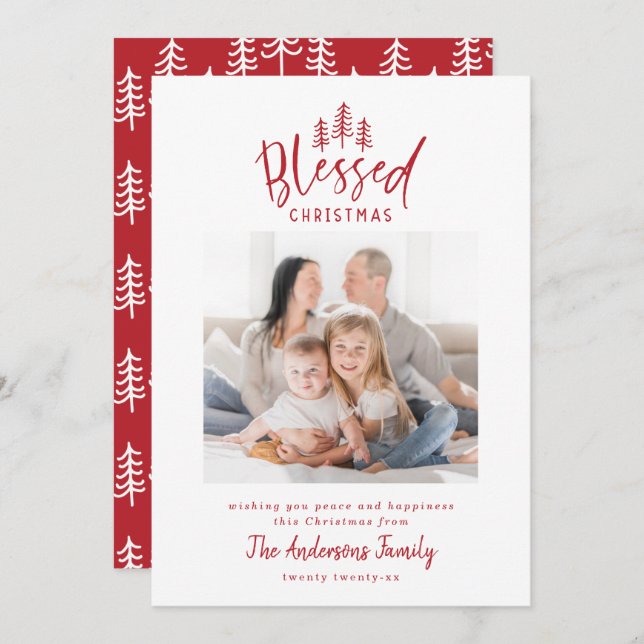 Modern minimal blessed Christmas rustic photo Holiday Card (Front/Back)