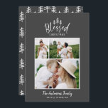 Modern minimal blessed Christmas rustic photo Holiday Card<br><div class="desc">Modern minimal blessed Christmas rustic stylish photo holiday card. With modern hand drawn text and trees. Backer colour can be customised.</div>