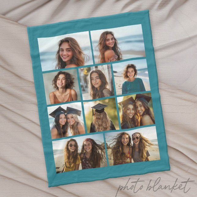 Modern Minimal Blue - 10 Photo Collage Fleece Blanket (Custom Photo Blanket - Makes a Great Gift)