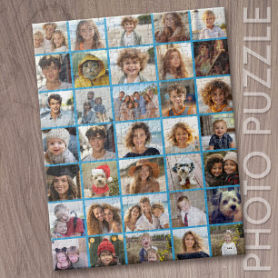 Modern Minimal Blue - 35 Photo Collage Grid Jigsaw Puzzle