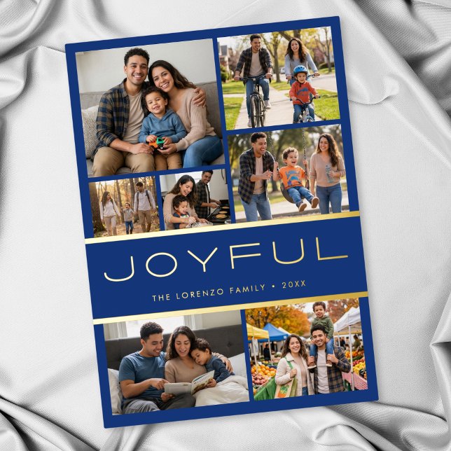 Modern Minimal Blue 7 Photo Collage Joyful (Modern Minimal Blue 7 Photo Collage Joyful Foil Holiday Card)