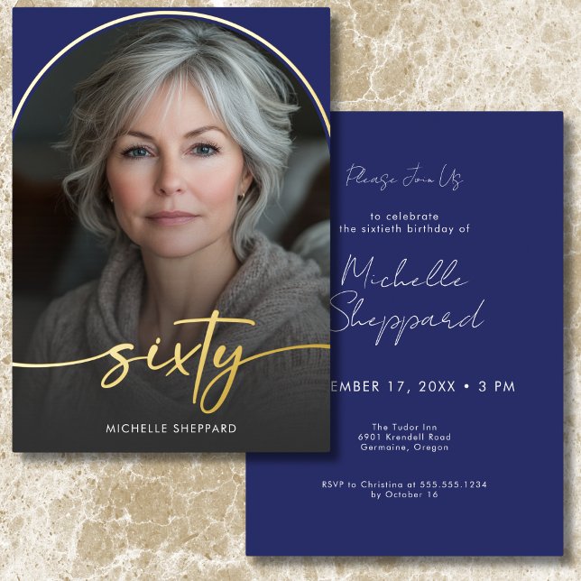 Modern Minimal Blue Arch Sixtieth Birthday (Modern Minimal Blue Arch Sixtieth Birthday Foil Invitation)