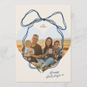 Modern Minimal Blue Bow Heart Shaped Family Photo Holiday Card