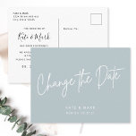 Modern Minimal Blue Change the Date Announcement Postcard<br><div class="desc">Custom-designed wedding postponement/change the date postcard featuring modern white hand lettering design on dusty blue background.</div>
