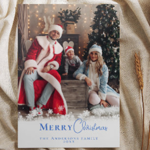 Modern Minimal Blue Christmas Photo Snowflakes  Holiday Card
