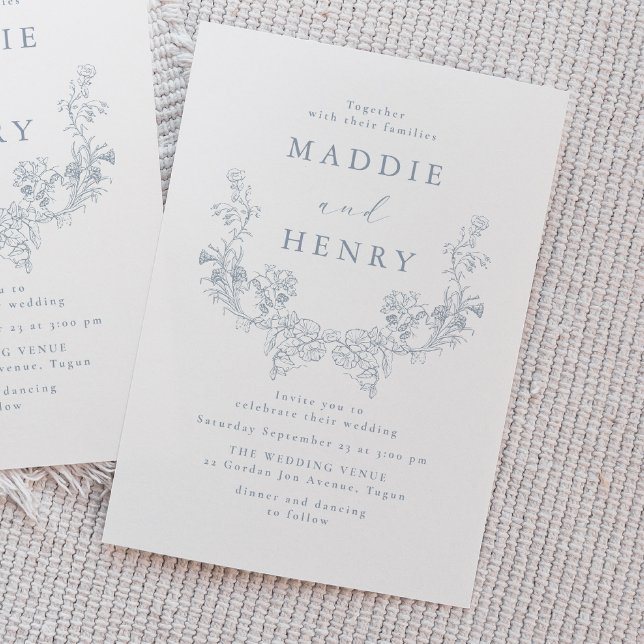 Modern Minimal Blue Floral Line Art Wedding Invitation (Creator Uploaded)