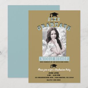 Modern Minimal Blue Gold Photo Graduation Party Invitation