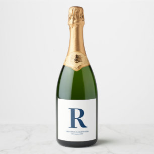 Modern Minimal Blue Monogram Wedding Sparkling Wine Label