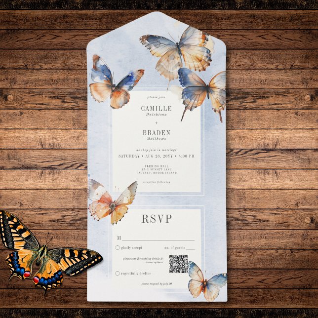 Modern Minimal Blue & Rust Butterflies QR Code All In One Invitation (Modern Minimal Blue & Rust Butterflies QR Code All In One Invitation)