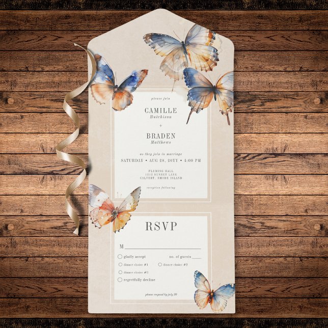 Modern Minimal Blue & Rust Butterflies Tan Dinner All In One Invitation (Modern Minimal Blue & Rust Butterflies Dinner All In One Invitation)