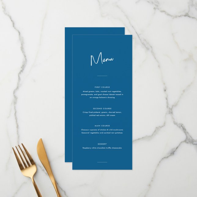 Modern Minimal Blue Script Wedding Menu (Front/Back In Situ)