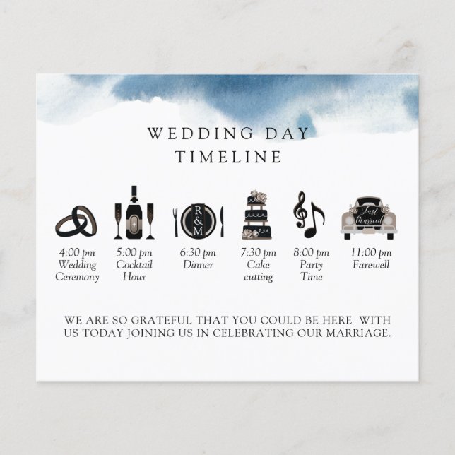 Modern, Minimal, Blue Wedding Timeline and Program (Front)