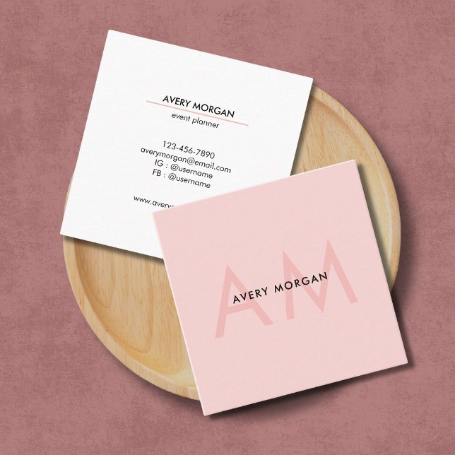 Modern Minimal Blush Pink Monogram Initials Square Business Card (Creator Uploaded)