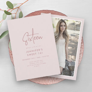 Modern Minimal Blush Pink Photo Sweet 16 Invitation