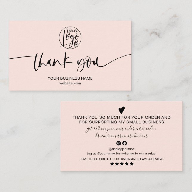 Modern minimal blush pink script order thank you business card (Front/Back)