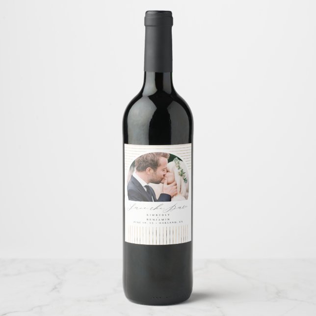 Modern Minimal Bohemian Save The Date Photo Wine Label (Front)
