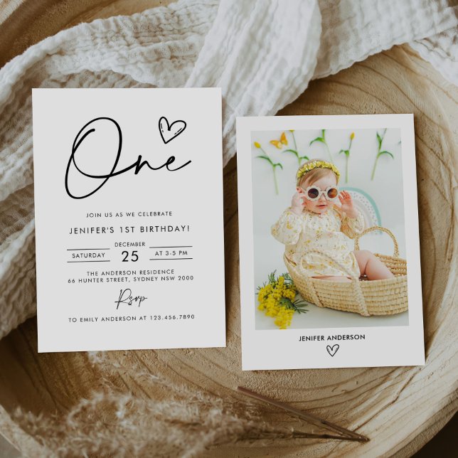 Modern Minimal Boho 1st Birthday Photo Invitation (Creator Uploaded)
